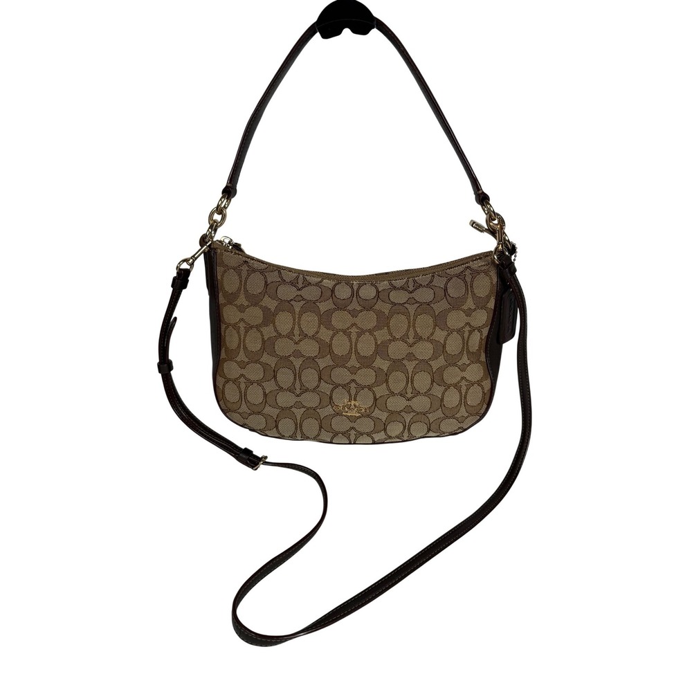 COACH Women's Chelsea Crossbody Bag, Signature Canvas, Dark Brown Leather Trim.